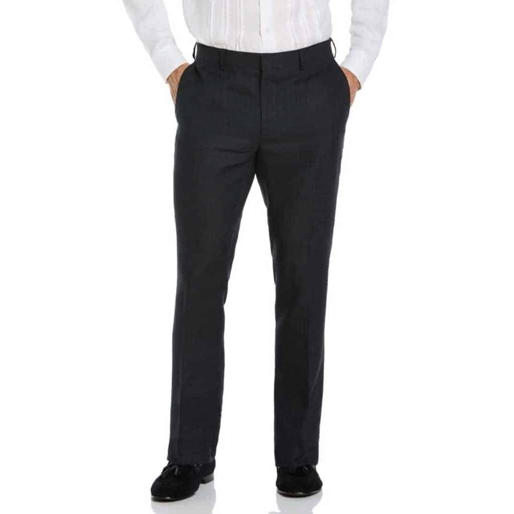 Lower half of a person wearing black linen pants.