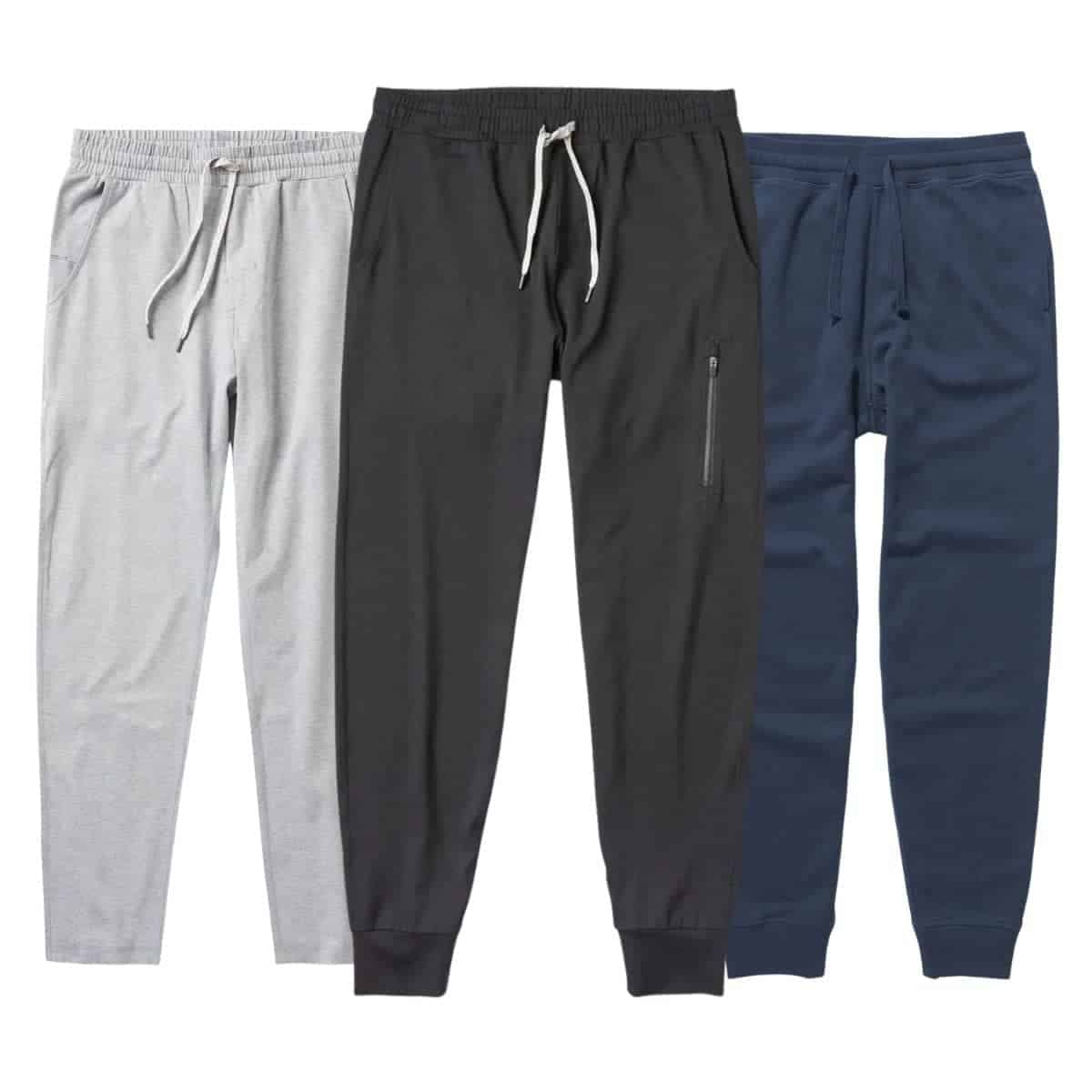 Three different colored sweatpants.