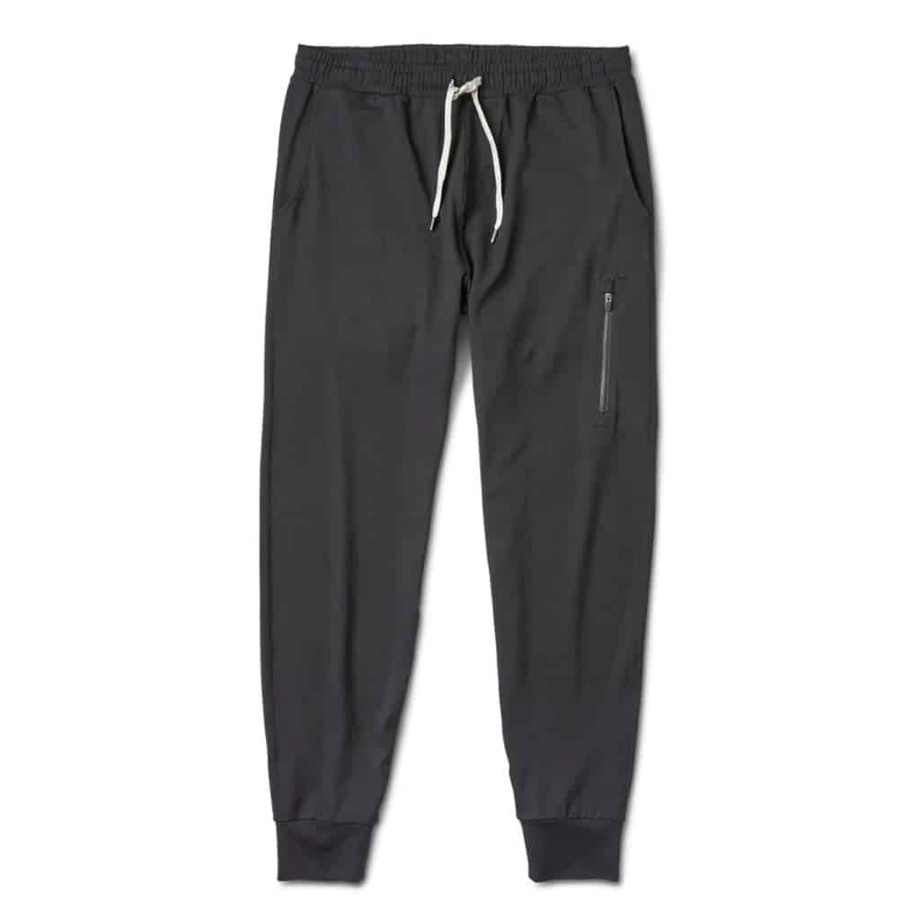 Black Vuori joggers with a drawstring.