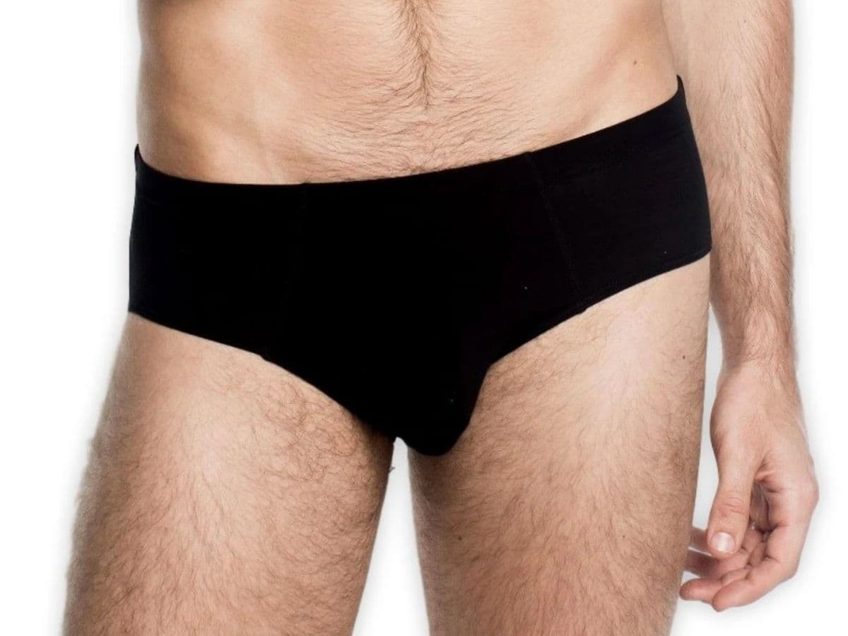 Close-up of a person wearing Tani briefs.