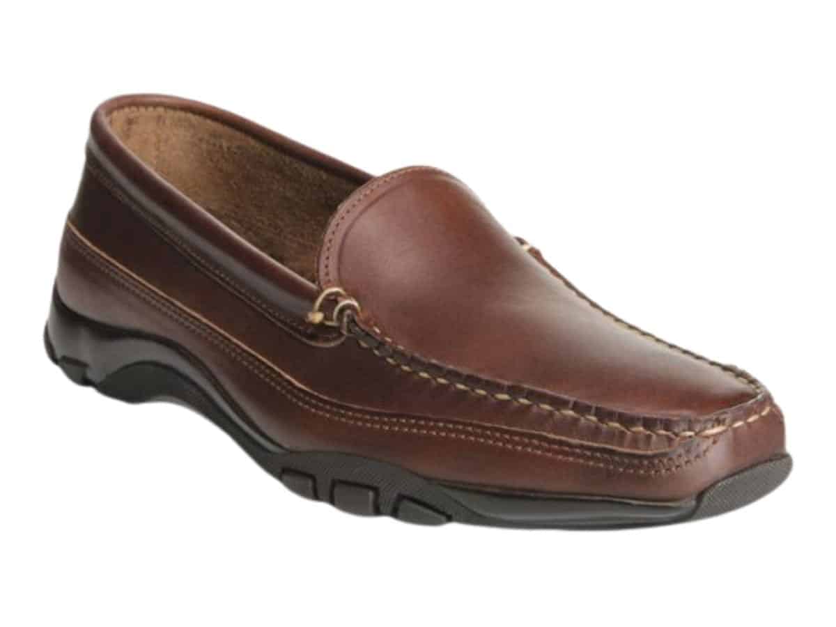 Brown leather driving shoe with thick sole.
