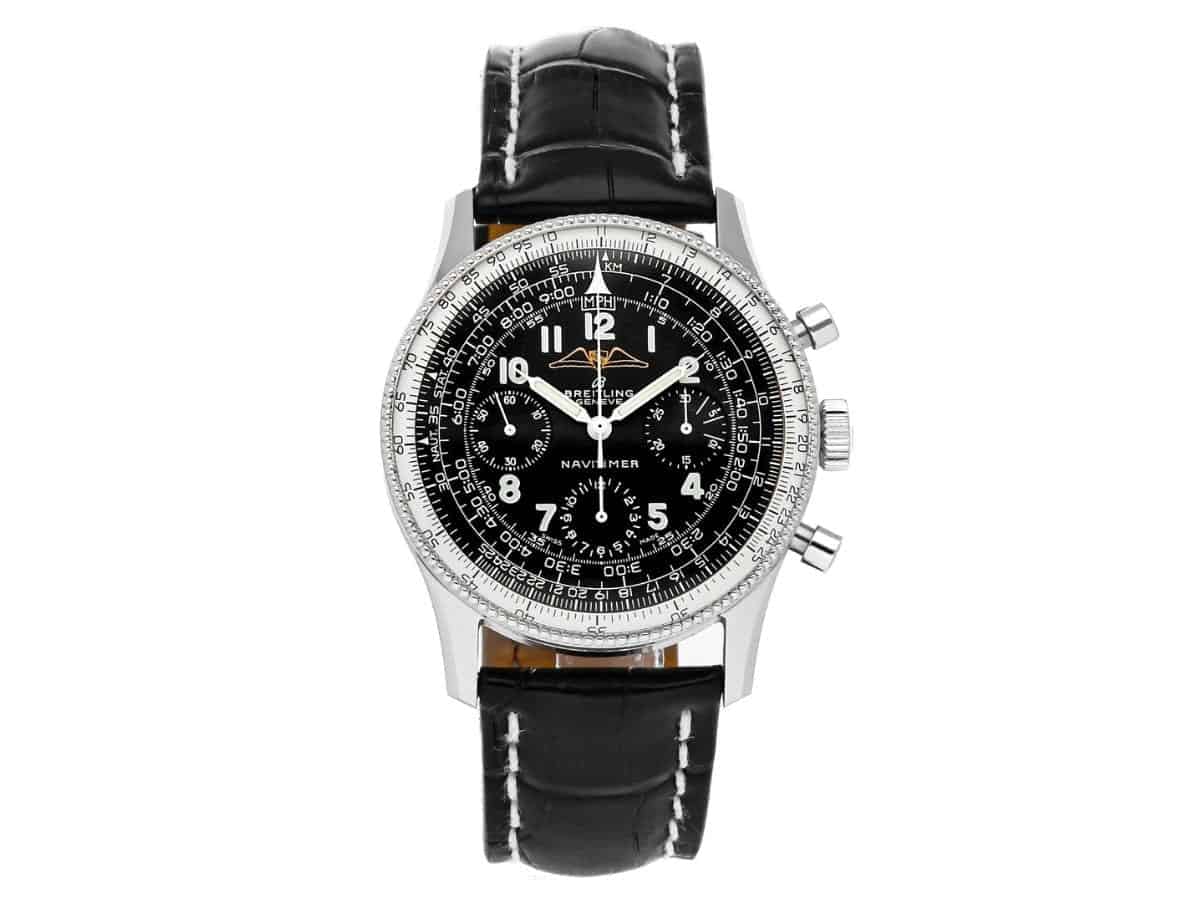 Breitling Vintage Navitimer watch with a black leather strap.