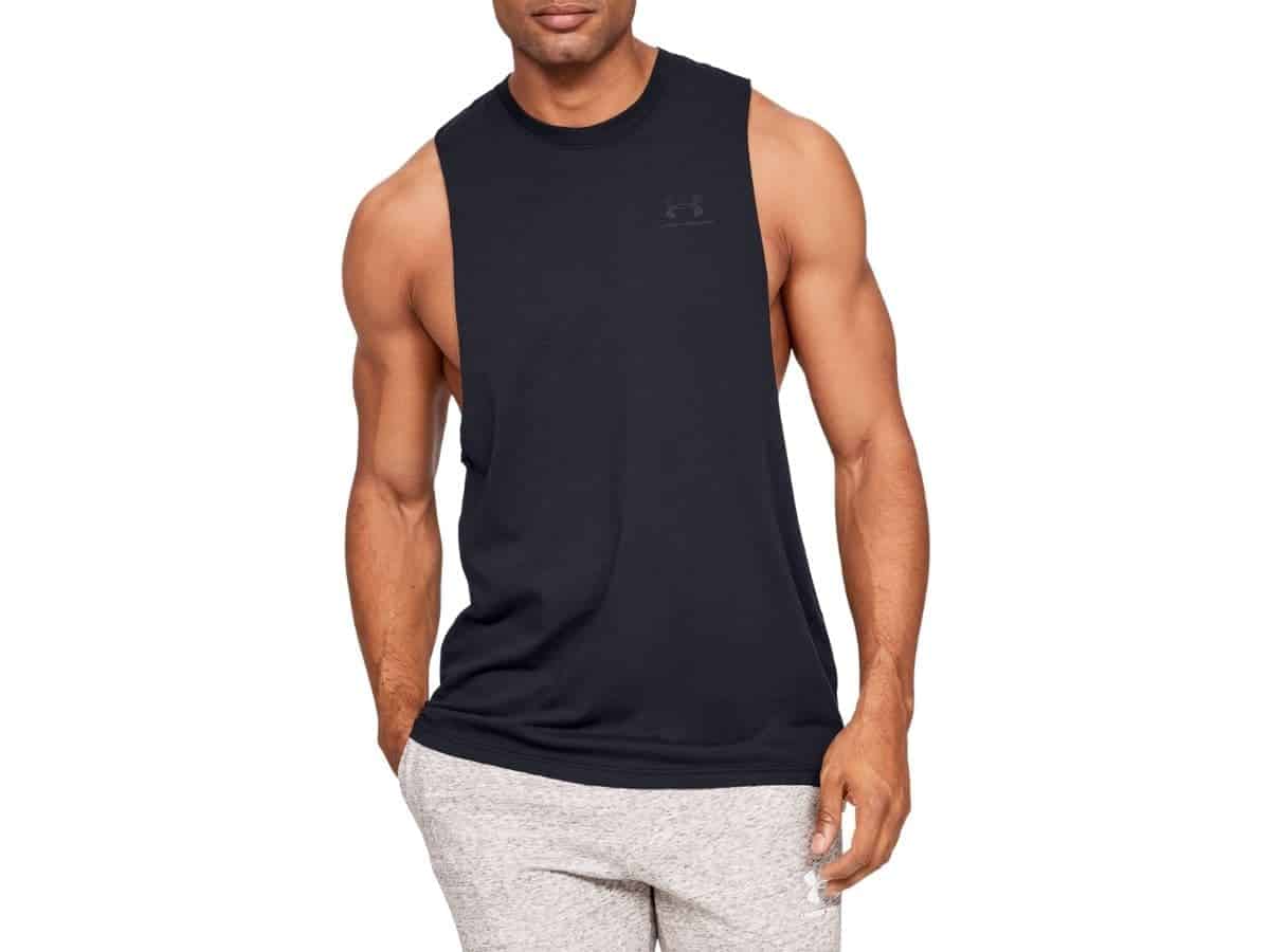 Person wearing a cut-off Under Armour tank top.