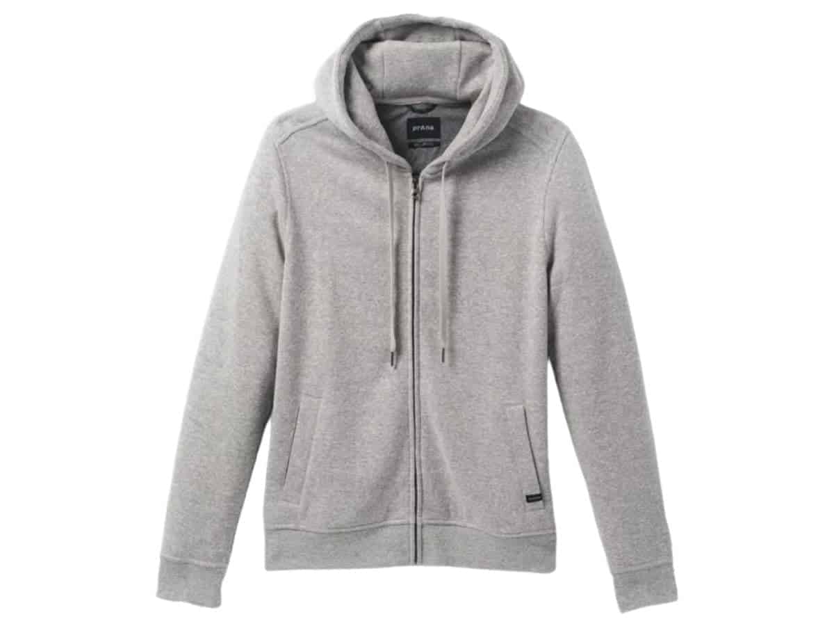 prAna grey full-zip hoodie.