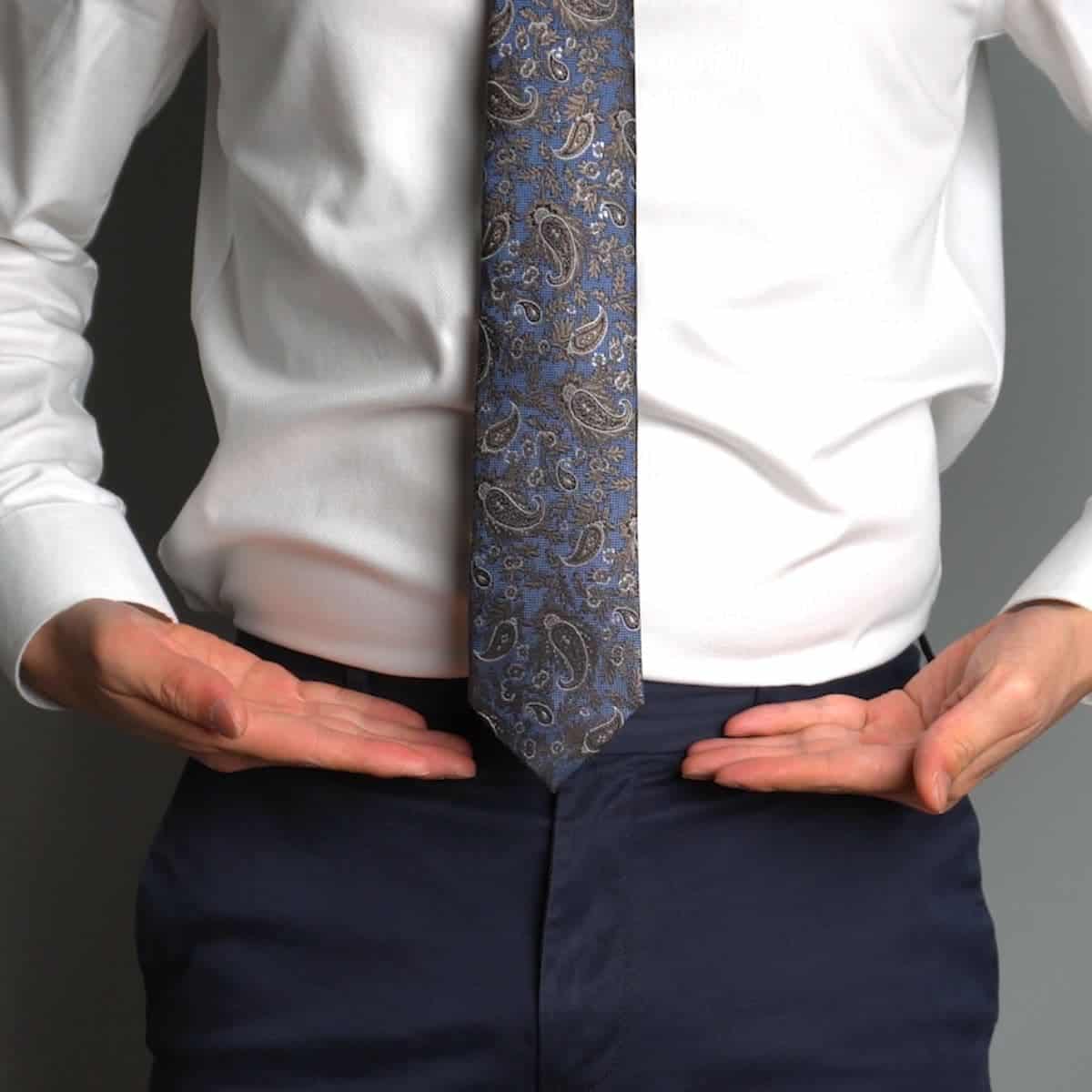 Person wearing a tie with hands at their waist.