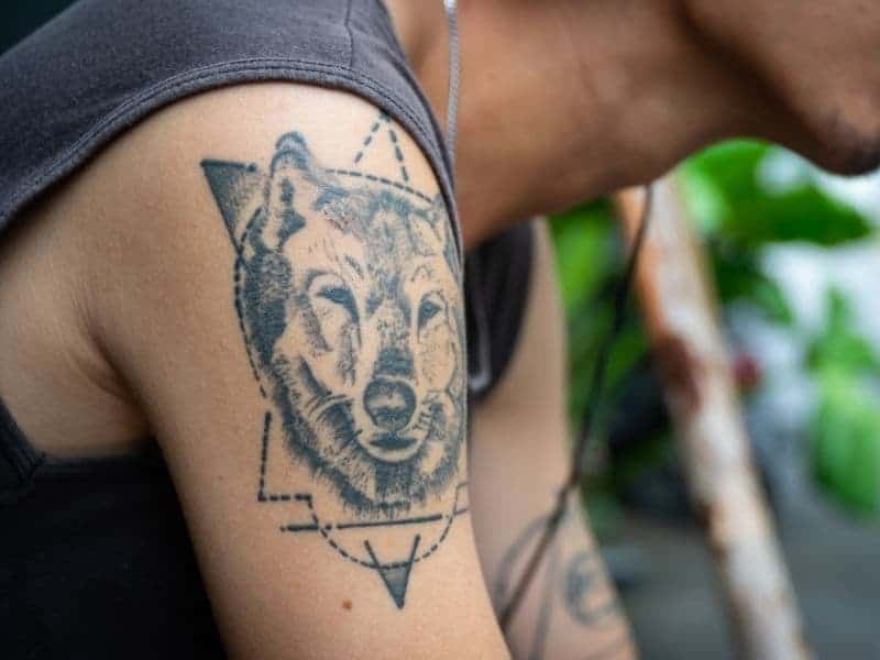Person's shoulder with a wolf tattoo.