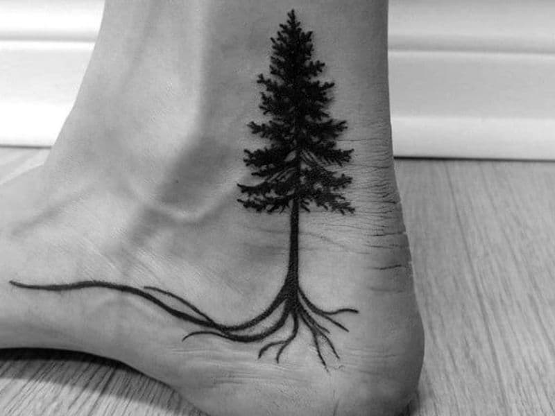 Tree tattoo on a person's ankle.