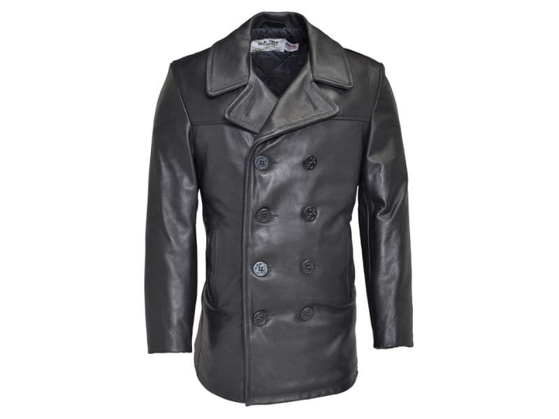 Leather double-breasted peacoat.