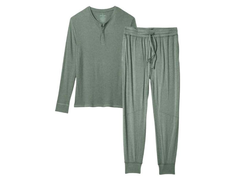 Henley shirt and pajama jogger pants.