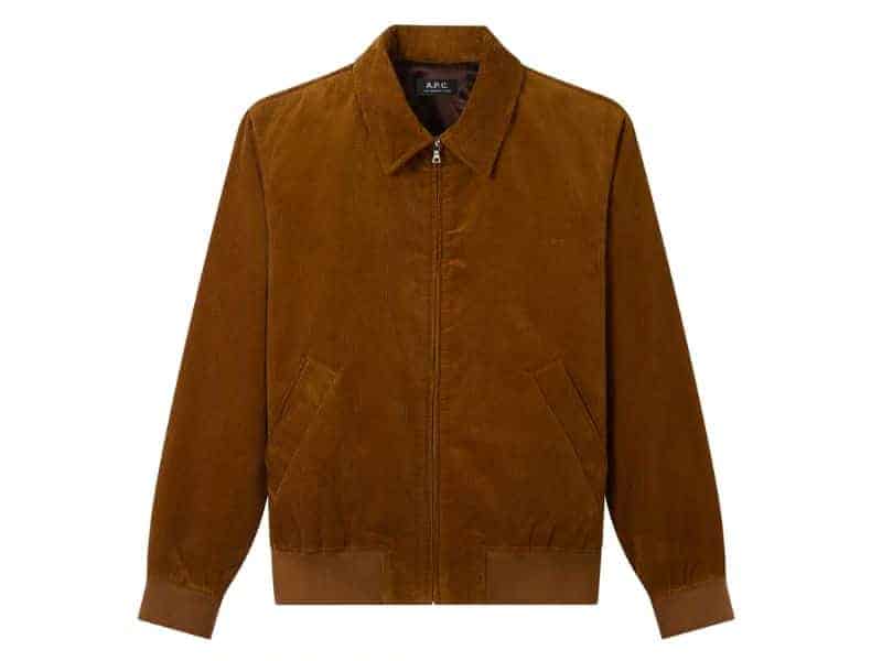 Zipped up corduroy bomber jacket.