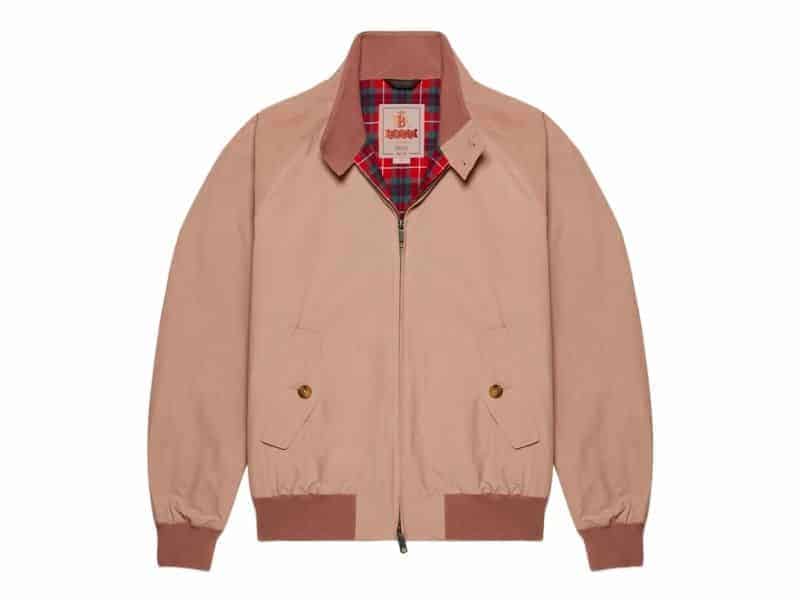 Zipped up Harrington jacket.