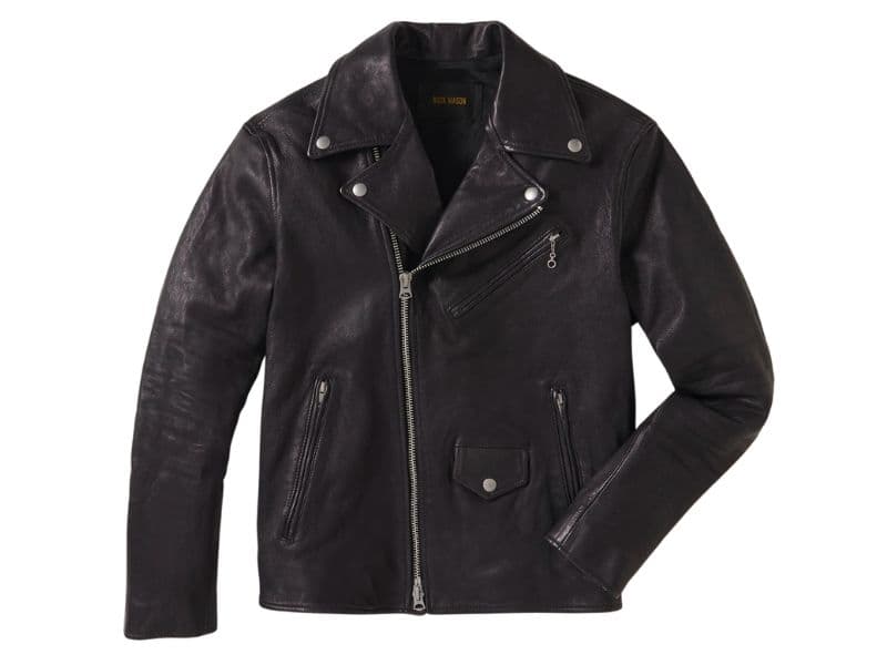 Leather biker jacket zipped up.