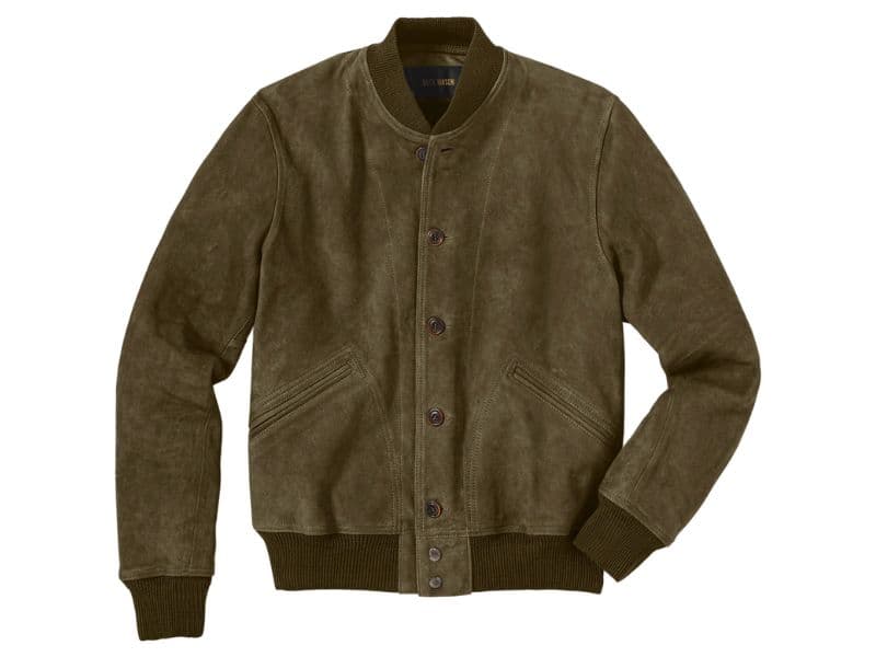 Suede bomber jacket buttoned up.