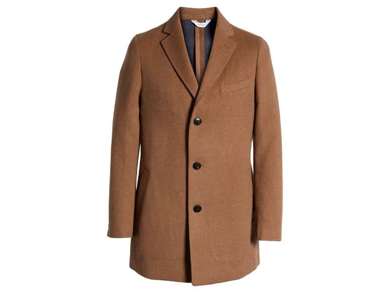 Wool overcoat buttoned up.