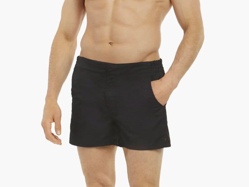 Person wearing swim trunks with a four-inch inseam.